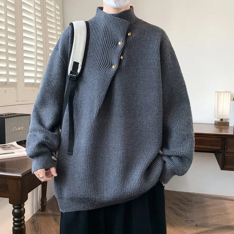 Herren Oversize-Rippenpullover mit asymmetrischem Knopfkragen Drune