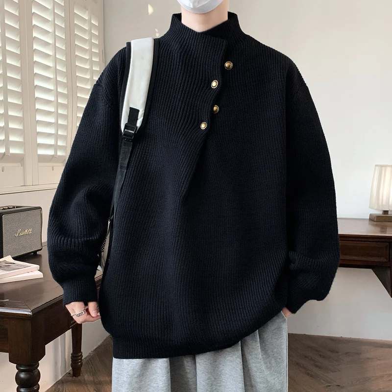 Herren Oversize-Rippenpullover mit asymmetrischem Knopfkragen Drune