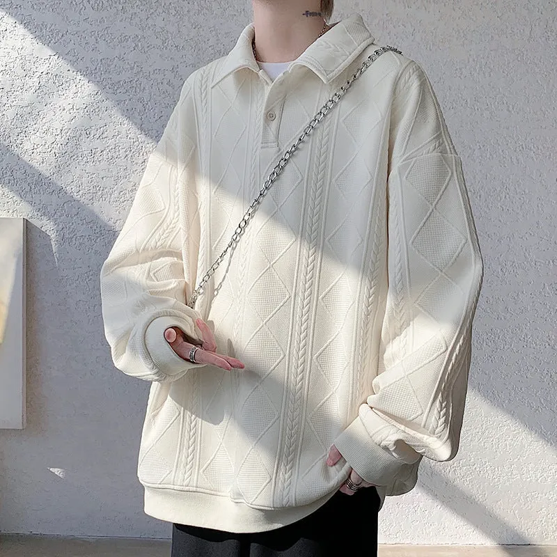 Herren Oversize-Polo-Strickpullover mit Rauten- und Zopfstruktur Drune