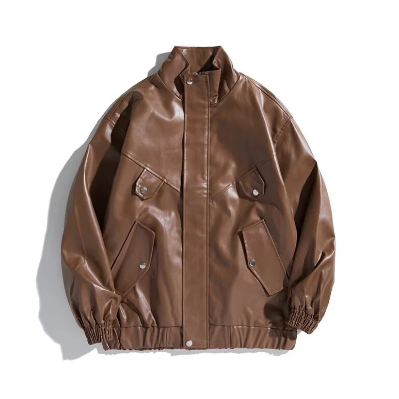 Herren Oversize Kunstleder-Bomberjacke mit Stehkragen, Pattentaschen und elastischem Saum Drune