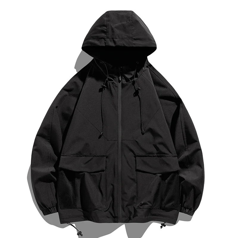 Herren Oversize Kapuzen-Windbreaker mit Multi‑Taschen, Mesh‑Einsätzen und Kordelzug Drune