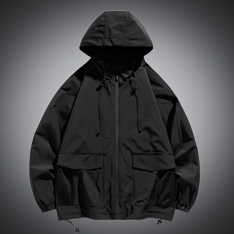 Herren Oversize Kapuzen-Windbreaker mit Multi‑Taschen, Mesh‑Einsätzen und Kordelzug Drune