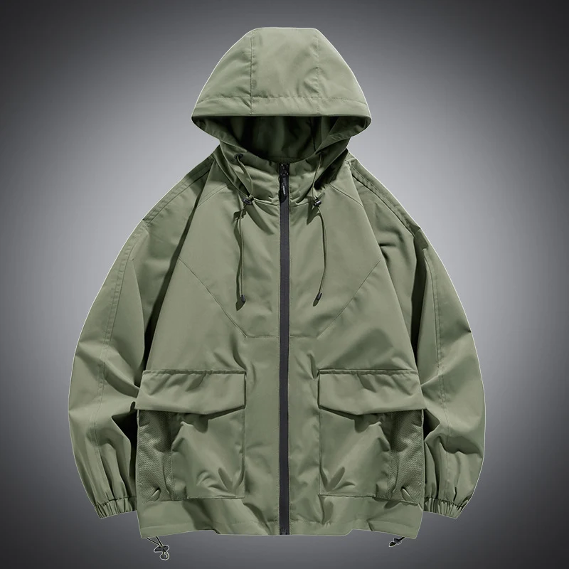 Herren Oversize Kapuzen-Windbreaker mit Multi‑Taschen, Mesh‑Einsätzen und Kordelzug Drune