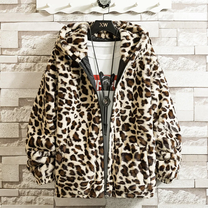 Damen kuschelige Fleecejacke mit Leopardenmuster und Kapuze Drune