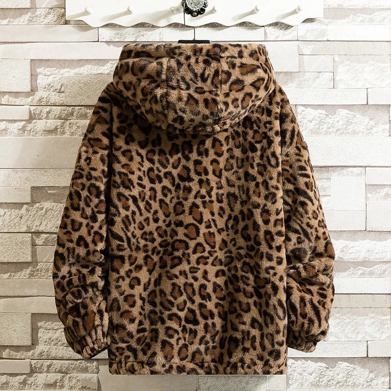 Damen kuschelige Fleecejacke mit Leopardenmuster und Kapuze Drune