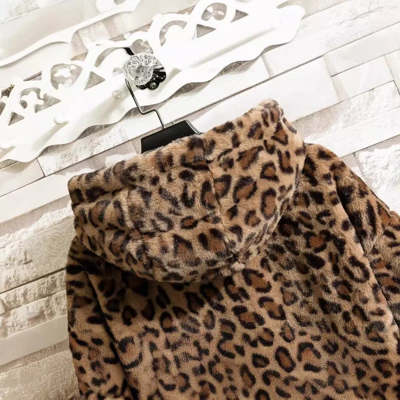 Damen kuschelige Fleecejacke mit Leopardenmuster und Kapuze Drune