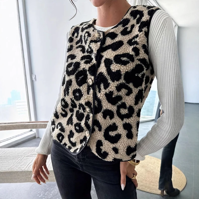 Damen Modische Plüschweste mit Leopardmuster Drune