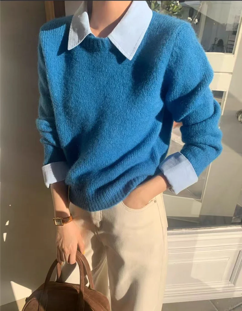 Damen lässiger Pullover mit Blaubestand und modernen Kragen Drune