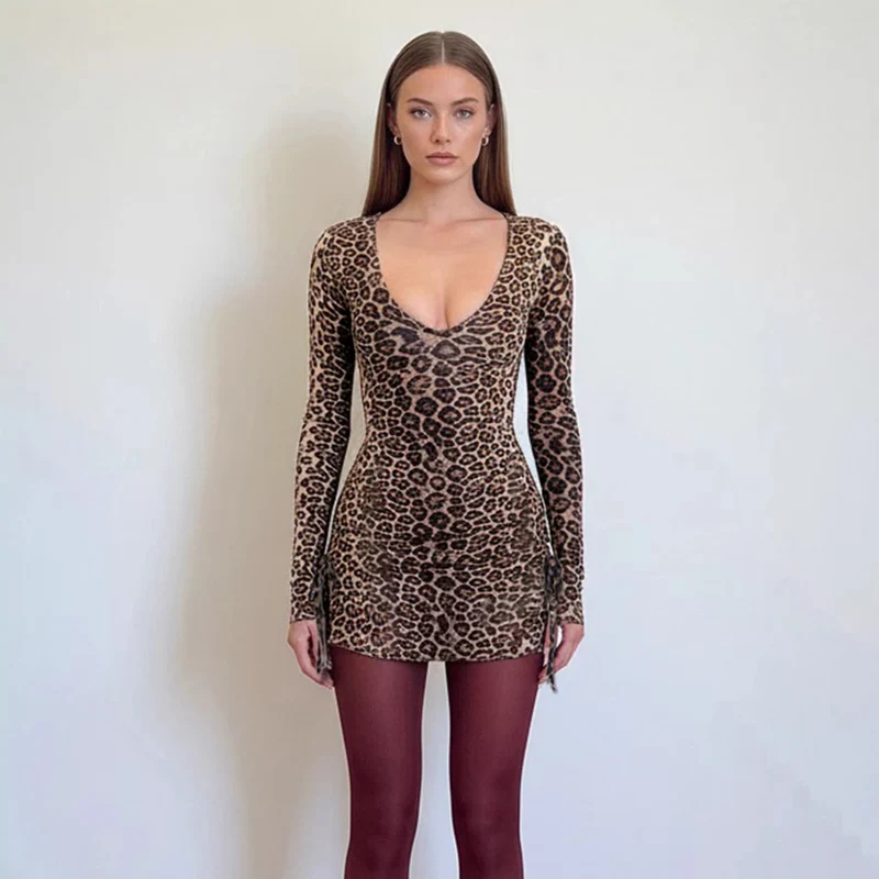 Damen Figurbetontes Leoprint-Minikleid mit tiefem V-Ausschnitt, langen Ärmeln und Kordelzügen Drune