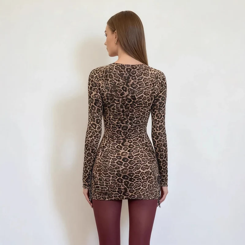 Damen Figurbetontes Leoprint-Minikleid mit tiefem V-Ausschnitt, langen Ärmeln und Kordelzügen Drune
