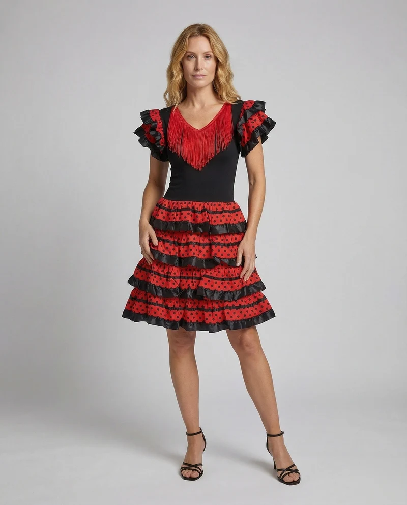 Damen Flamenco-Tanzkleid Fransen-V-Ausschnitt Volantrock
