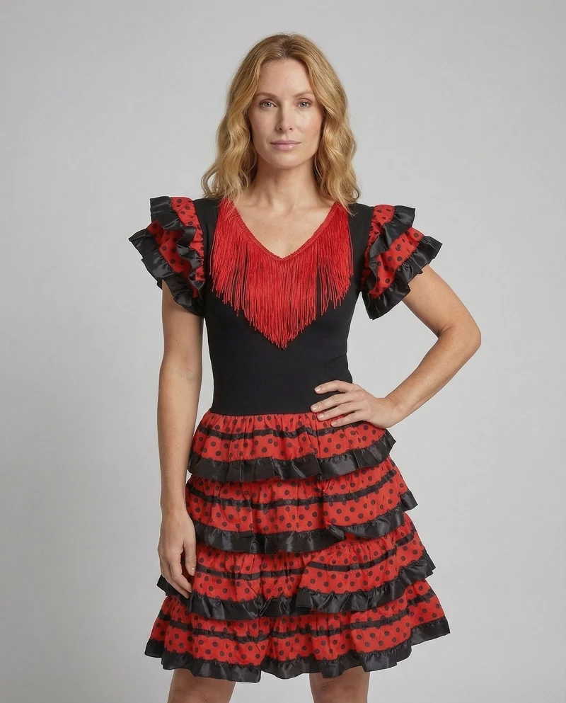 Damen Flamenco-Tanzkleid Fransen-V-Ausschnitt Volantrock