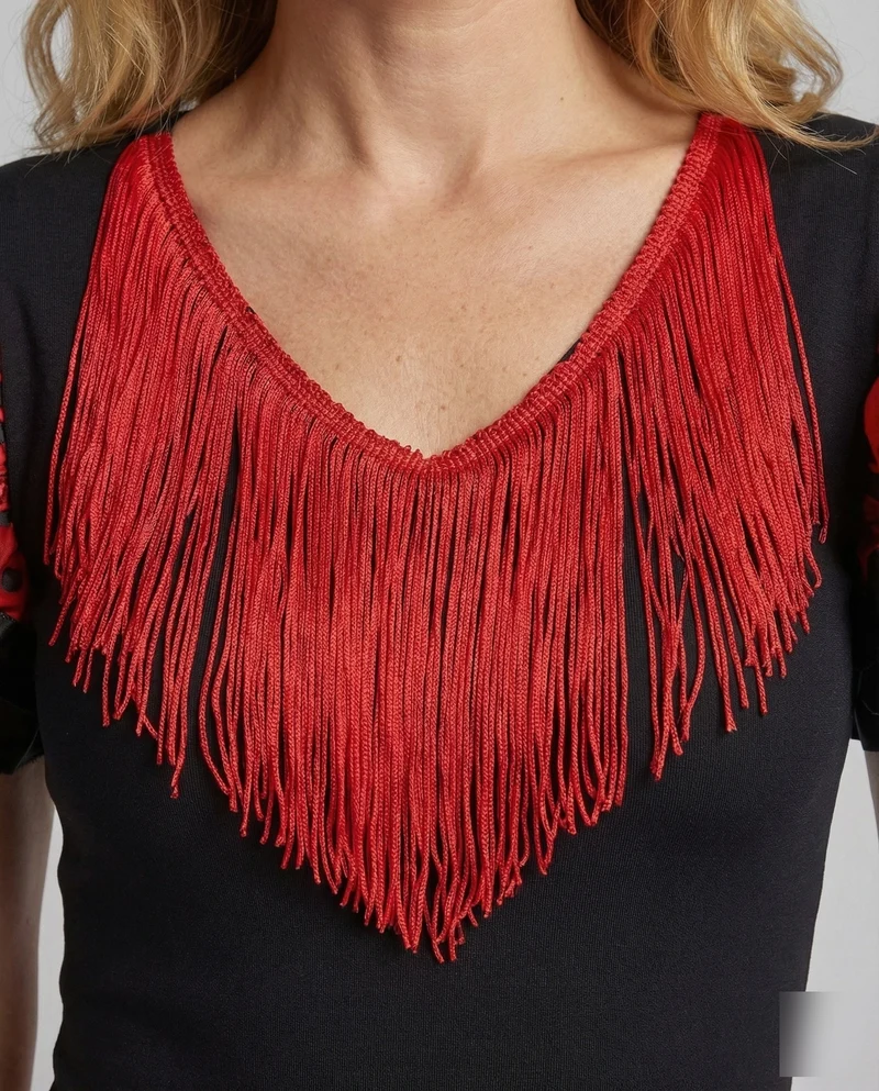 Damen Flamenco-Tanzkleid Fransen-V-Ausschnitt Volantrock