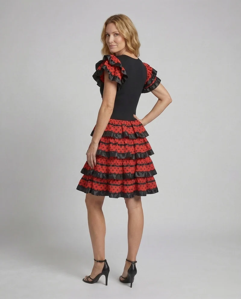 Damen Flamenco-Tanzkleid Fransen-V-Ausschnitt Volantrock