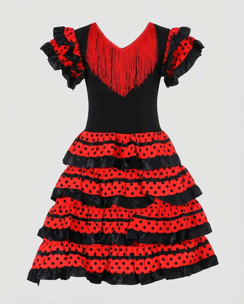 Damen Flamenco-Tanzkleid Fransen-V-Ausschnitt Volantrock