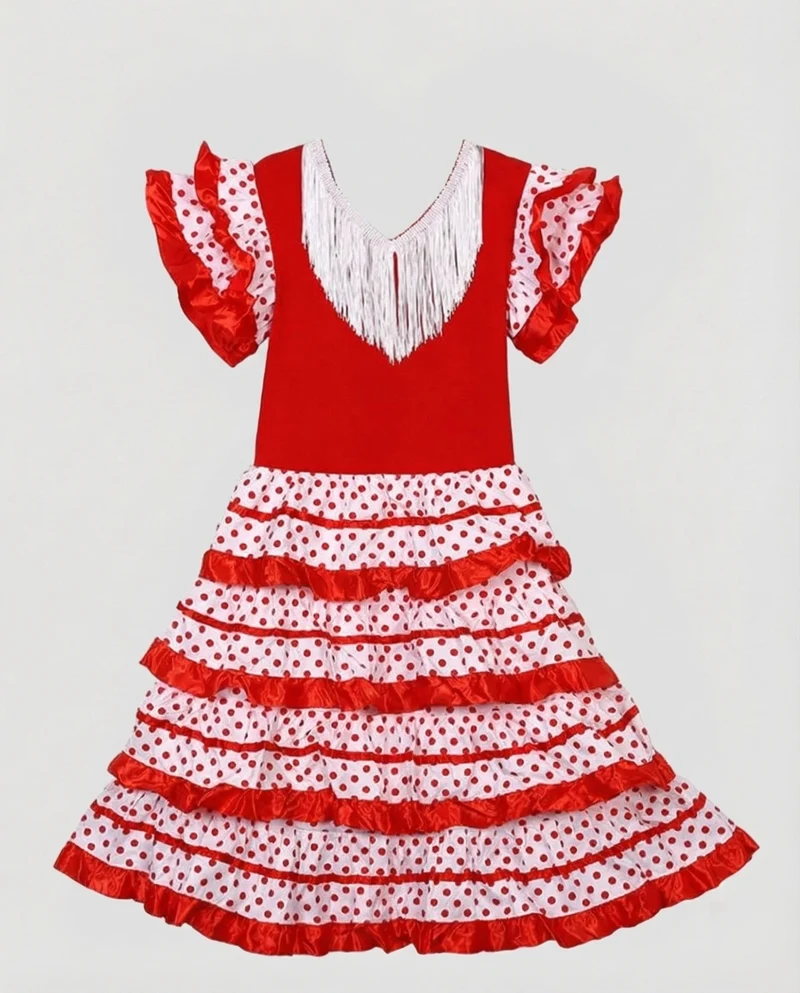 Damen Flamenco-Tanzkleid Fransen-V-Ausschnitt Volantrock