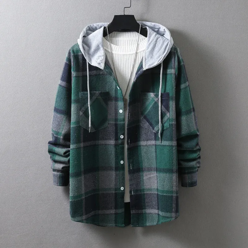 Herren lässige Flanell-Hemdjacke mit Kapuze und grafischem Karomuster Drune