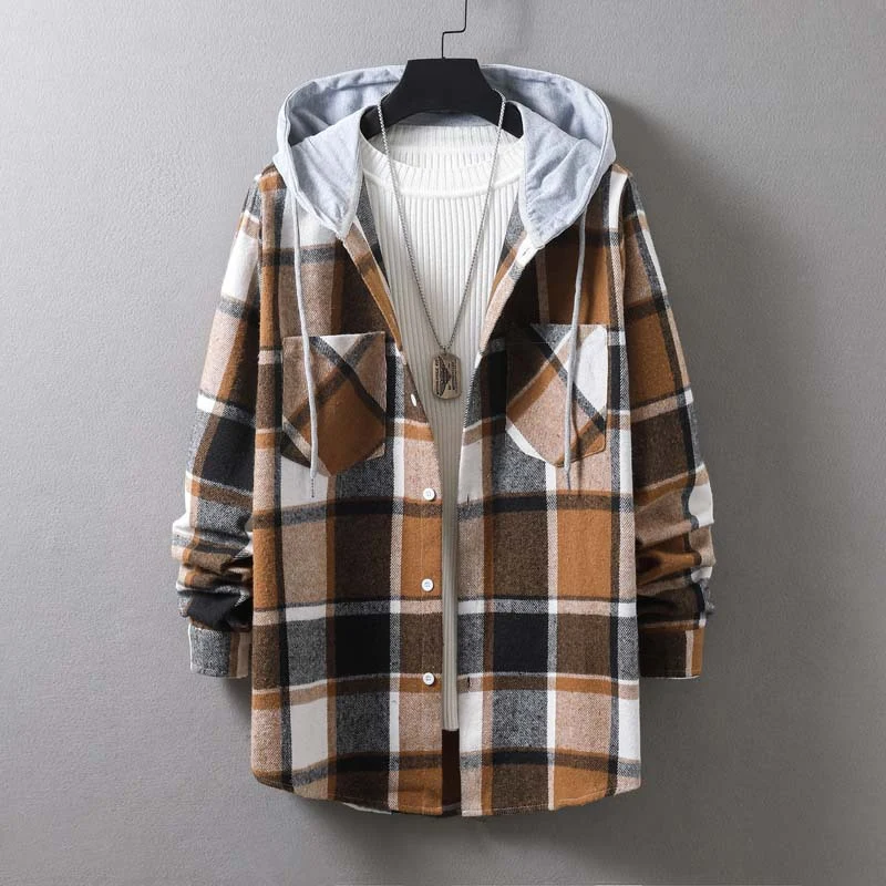 Herren lässige Flanell-Hemdjacke mit Kapuze und grafischem Karomuster Drune