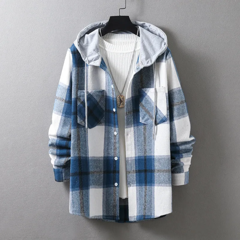 Herren lässige Flanell-Hemdjacke mit Kapuze und grafischem Karomuster Drune