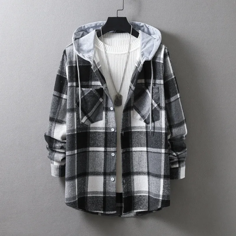 Herren lässige Flanell-Hemdjacke mit Kapuze und grafischem Karomuster Drune