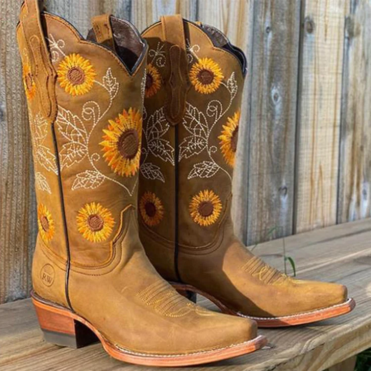 Damen Cowboy-Stiefel mit Sonnenblumen-Stickerei und mittelhohem Blockabsatz Drune