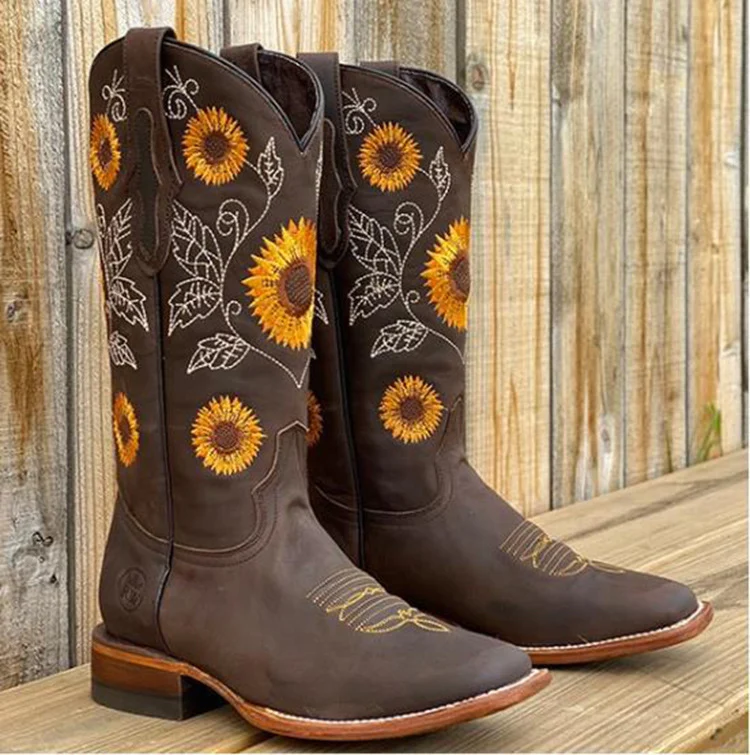 Damen Cowboy-Stiefel mit Sonnenblumen-Stickerei und mittelhohem Blockabsatz Drune