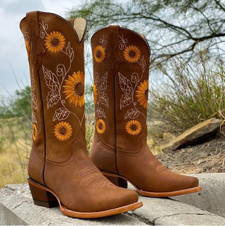 Damen Cowboy-Stiefel mit Sonnenblumen-Stickerei und mittelhohem Blockabsatz Drune