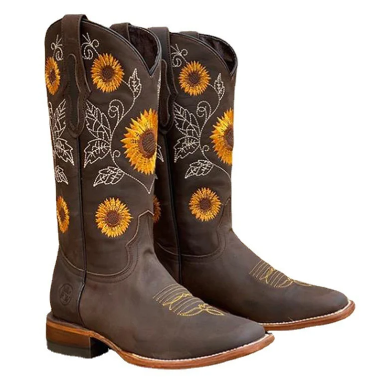 Damen Cowboy-Stiefel mit Sonnenblumen-Stickerei und mittelhohem Blockabsatz Drune