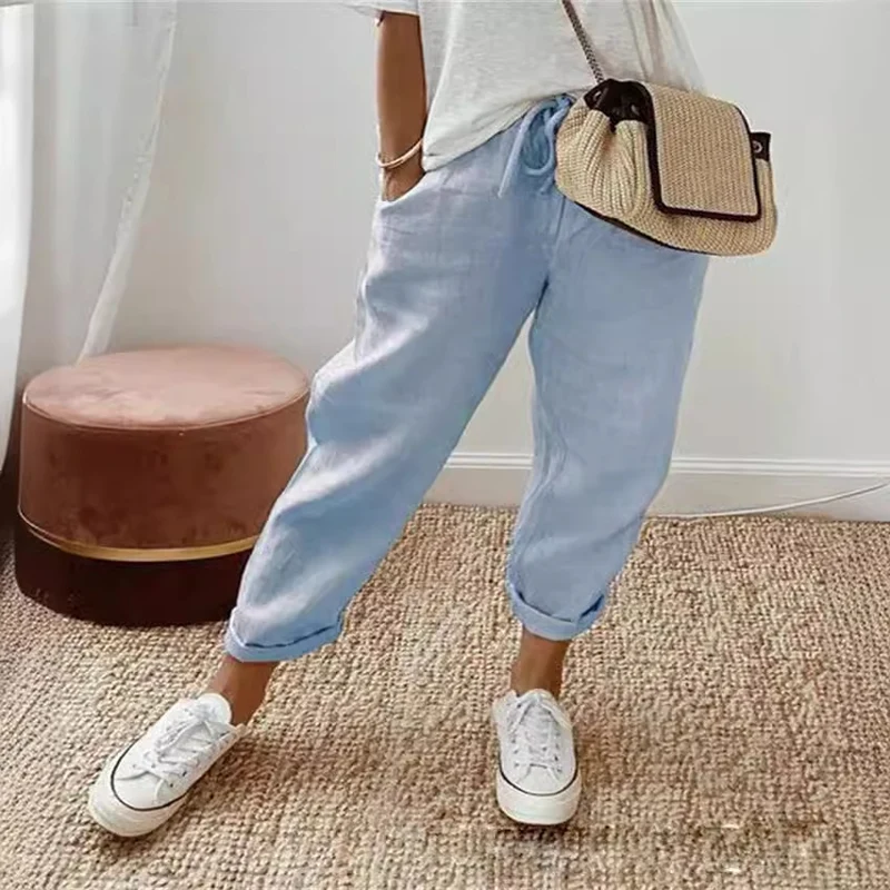 Damen nan legerer Leinen-Jogger mit Kordelzug, Eingrifftaschen und umgeschlagenem Saum Drune