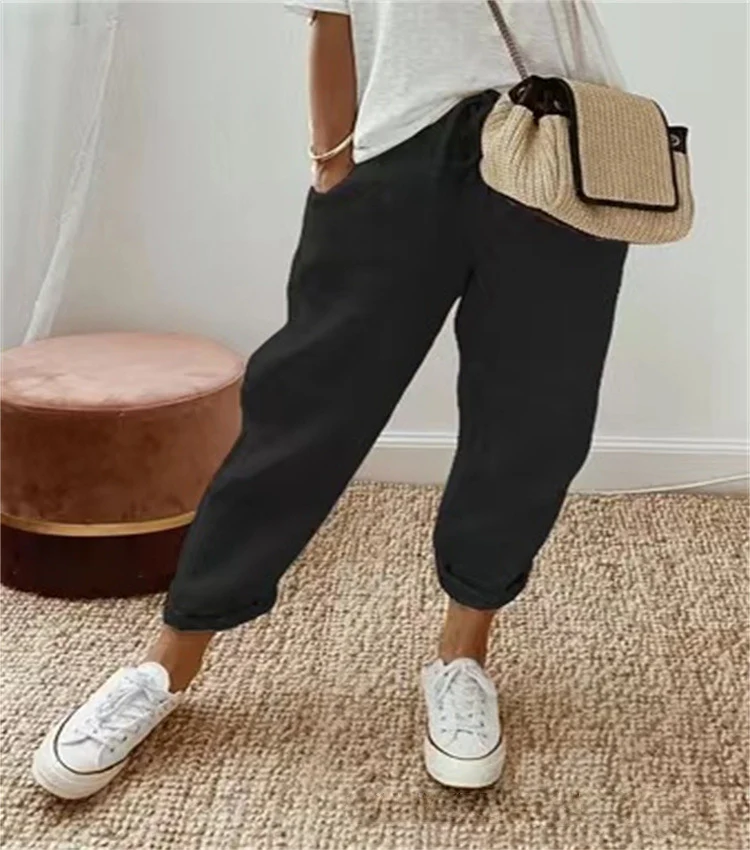 Damen nan legerer Leinen-Jogger mit Kordelzug, Eingrifftaschen und umgeschlagenem Saum Drune