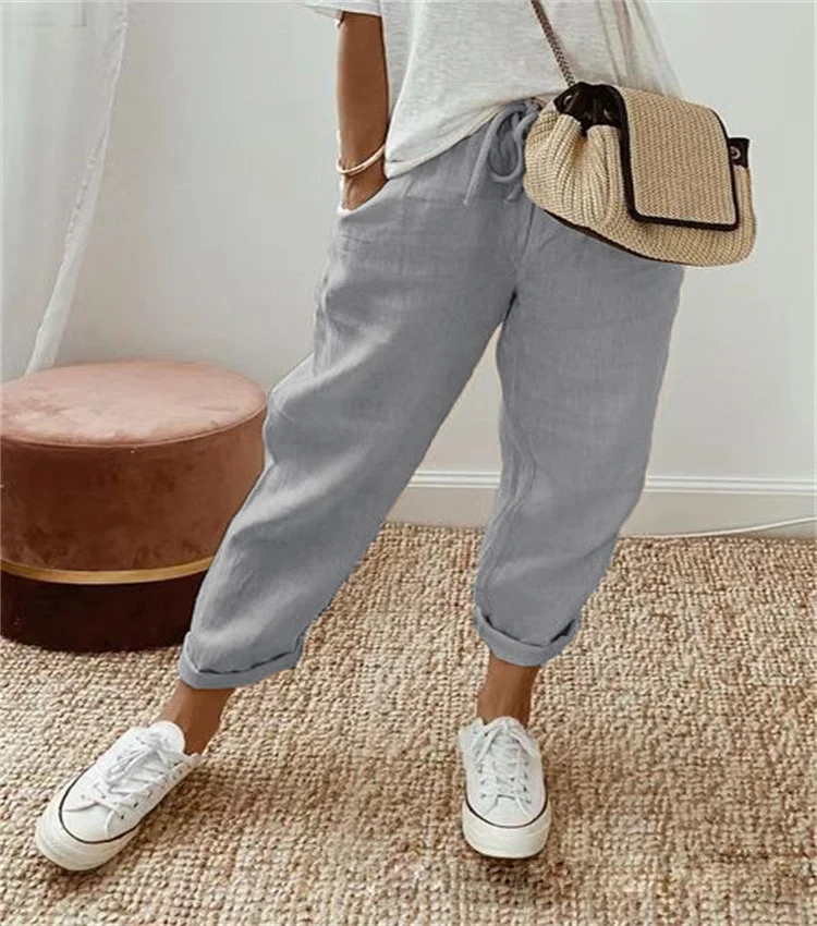 Damen nan legerer Leinen-Jogger mit Kordelzug, Eingrifftaschen und umgeschlagenem Saum Drune