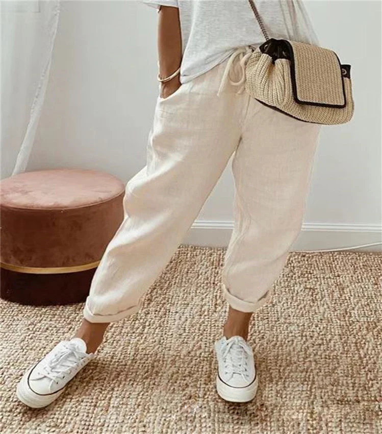 Damen nan legerer Leinen-Jogger mit Kordelzug, Eingrifftaschen und umgeschlagenem Saum Drune