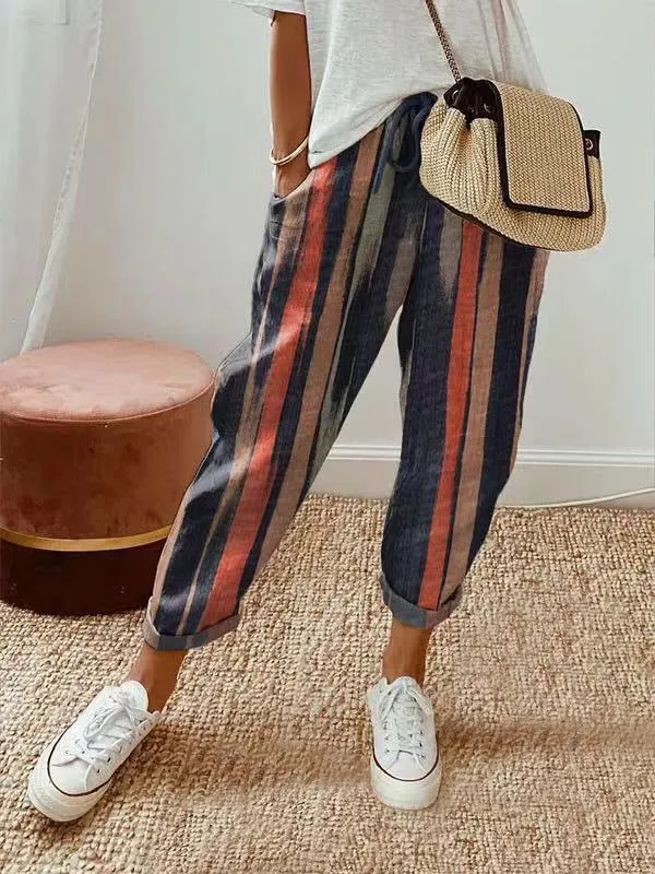 Damen nan legerer Leinen-Jogger mit Kordelzug, Eingrifftaschen und umgeschlagenem Saum Drune