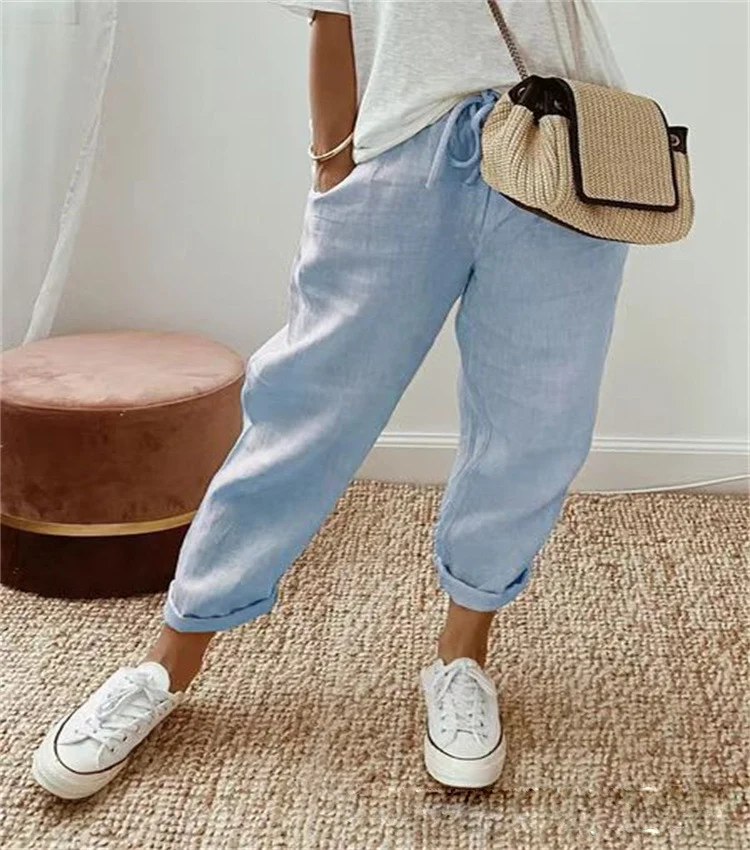 Damen nan legerer Leinen-Jogger mit Kordelzug, Eingrifftaschen und umgeschlagenem Saum Drune