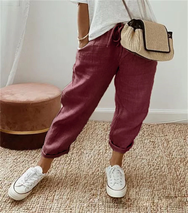 Damen nan legerer Leinen-Jogger mit Kordelzug, Eingrifftaschen und umgeschlagenem Saum Drune