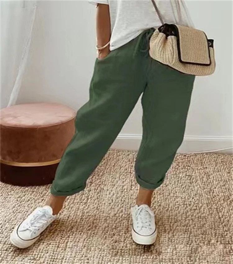 Damen nan legerer Leinen-Jogger mit Kordelzug, Eingrifftaschen und umgeschlagenem Saum Drune