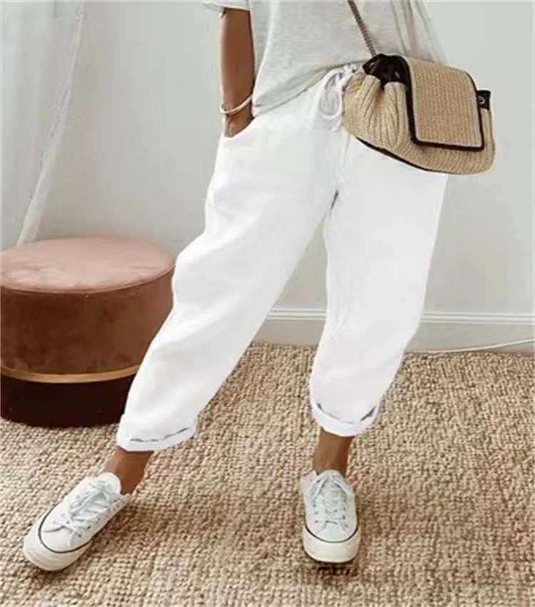 Damen nan legerer Leinen-Jogger mit Kordelzug, Eingrifftaschen und umgeschlagenem Saum Drune