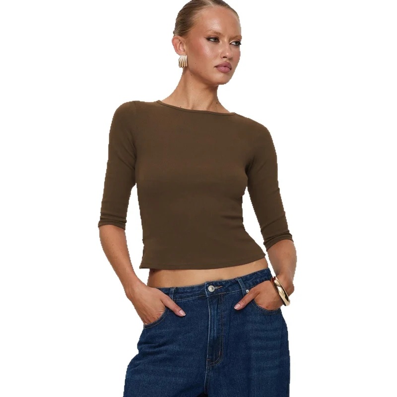 Damen figurbetontes Cropped Oberteil aus hochwertigem Rippmaterial Drune