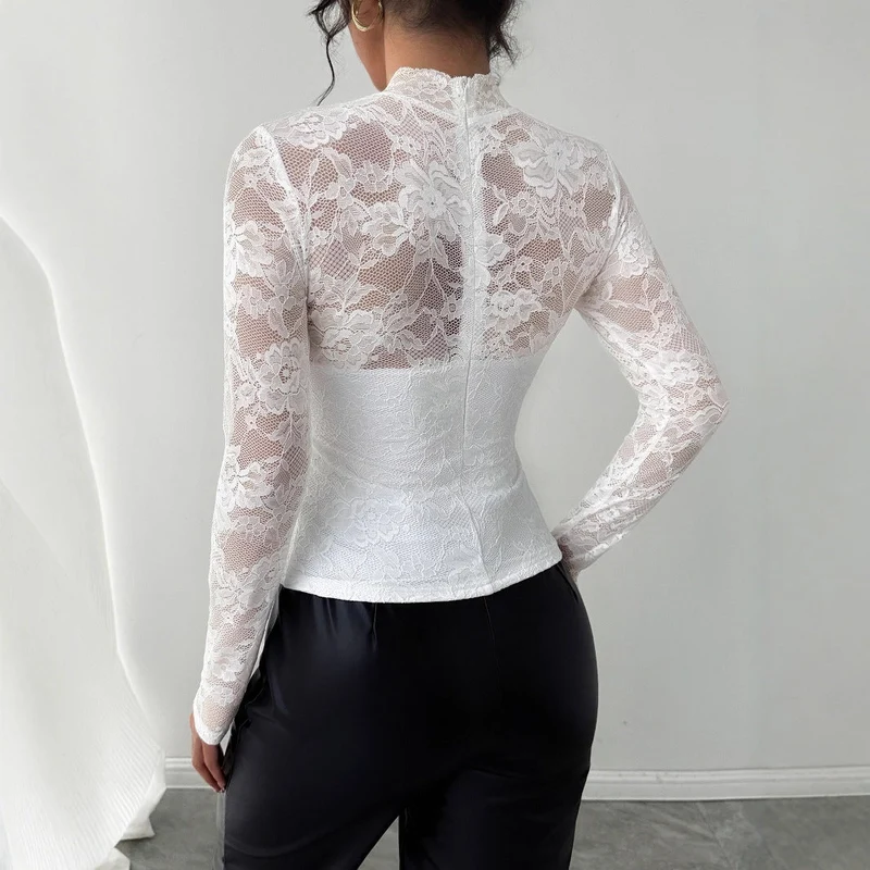 Damen Elegantes Spitzenoberteil mit hochgeschlossenem Kragen und langen Ärmeln Drune
