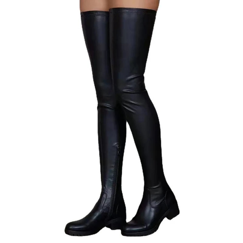 Damen Oberschenkelhohe Stretch-Lederimitat-Stiefel mit profiliertem Lug-Absatz Drune