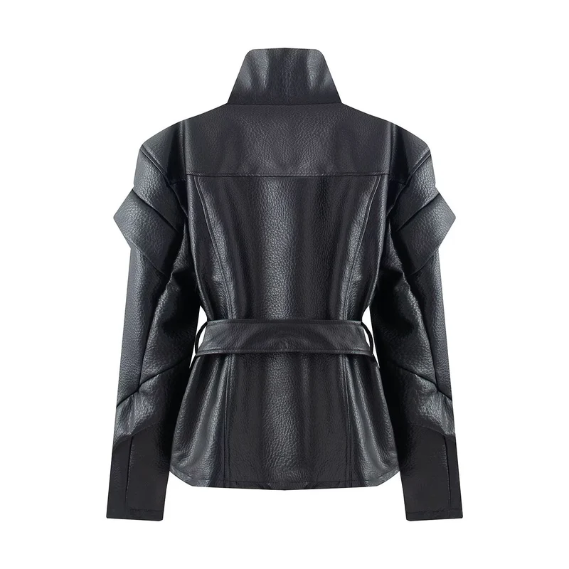 Damen Taillierte Kunstlederjacke mit hohem Stehkragen, asymmetrischem Reißverschluss und Bindegürtel Drune