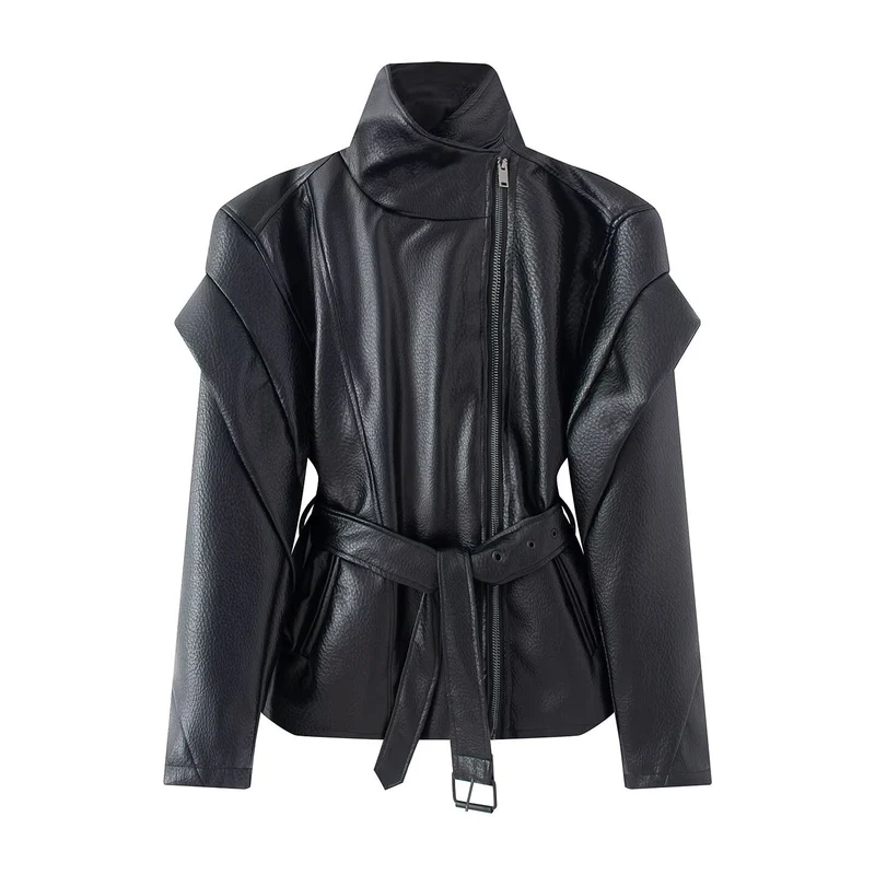 Damen Taillierte Kunstlederjacke mit hohem Stehkragen, asymmetrischem Reißverschluss und Bindegürtel Drune
