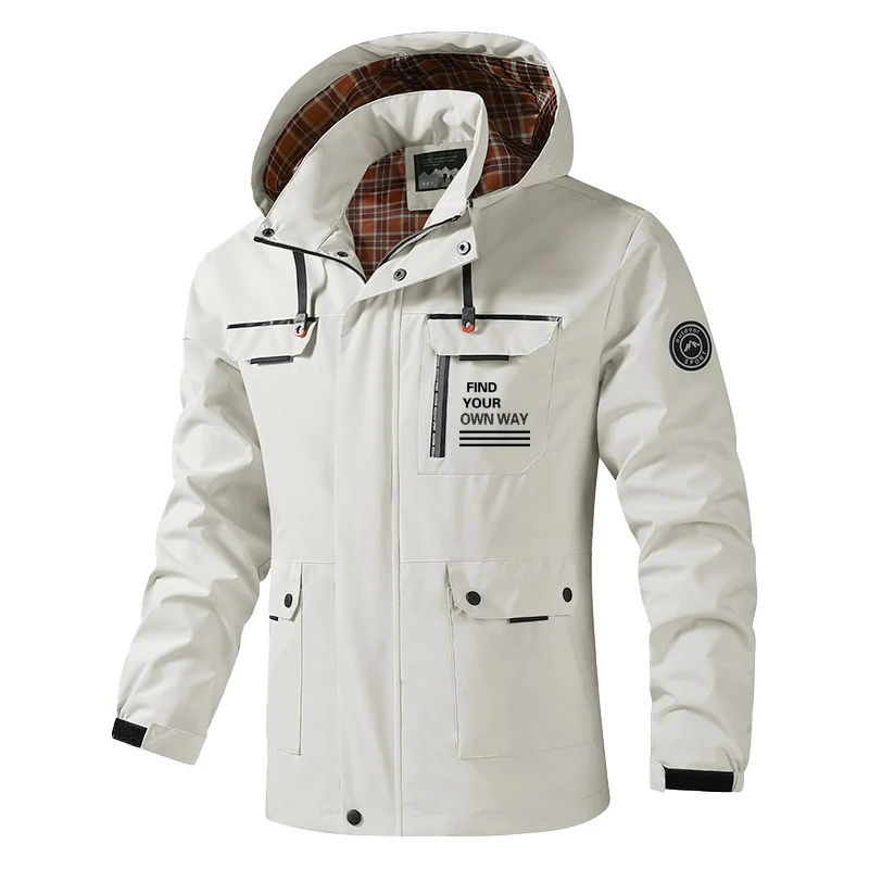 Herren Atmungsaktive wasserabweisende Kapuzen-Outdoorjacke mit kariertem Innenfutter, Multifunktions-Taschen & verstellbarer Kapuze Drune