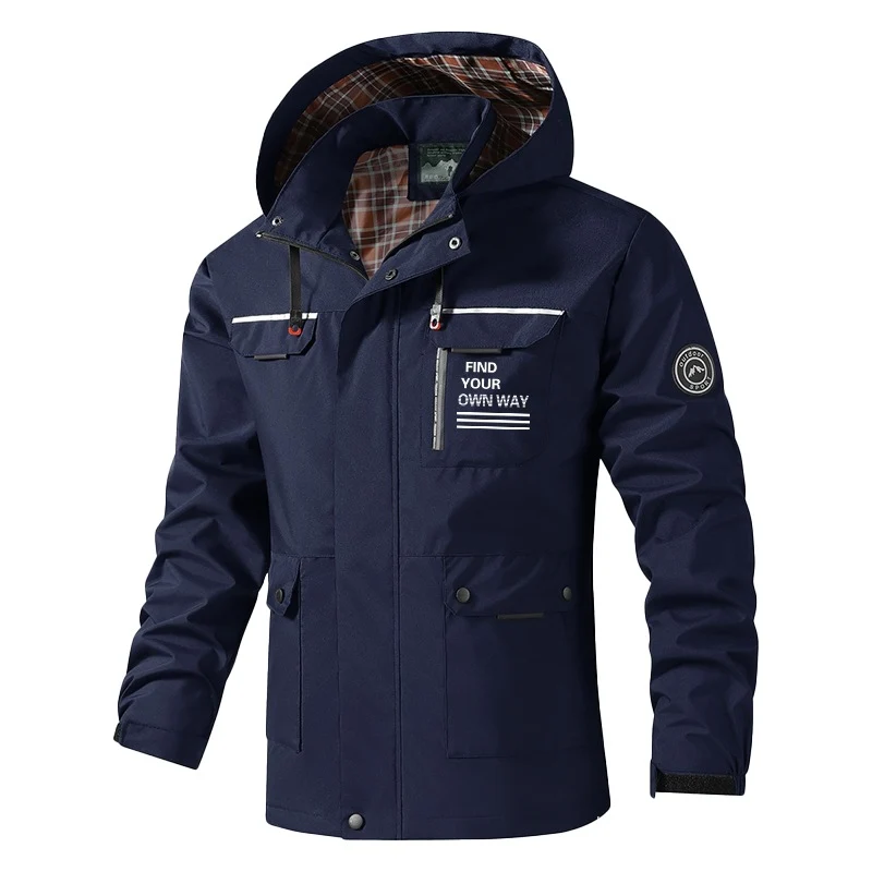 Herren Atmungsaktive wasserabweisende Kapuzen-Outdoorjacke mit kariertem Innenfutter, Multifunktions-Taschen & verstellbarer Kapuze Drune