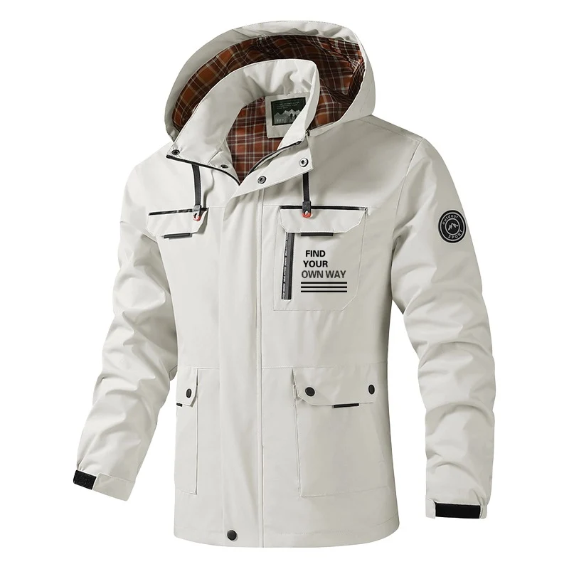 Herren Atmungsaktive wasserabweisende Kapuzen-Outdoorjacke mit kariertem Innenfutter, Multifunktions-Taschen & verstellbarer Kapuze Drune