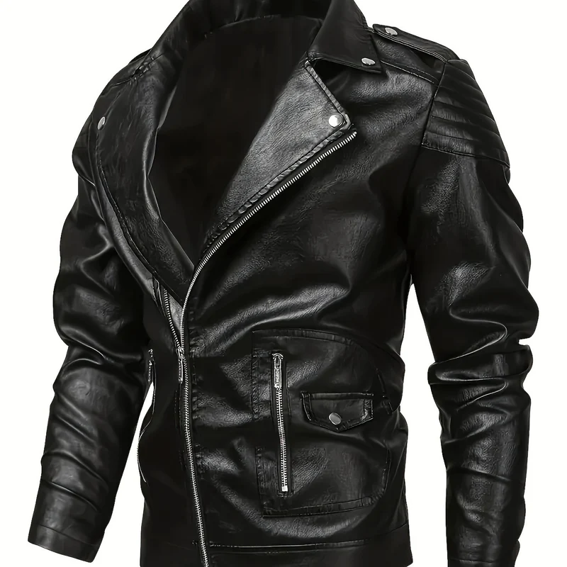 Herren Asymmetrische Bikerjacke aus Kunstleder mit gesteppten Schulterpaddings und Utility‑Taschen Drune