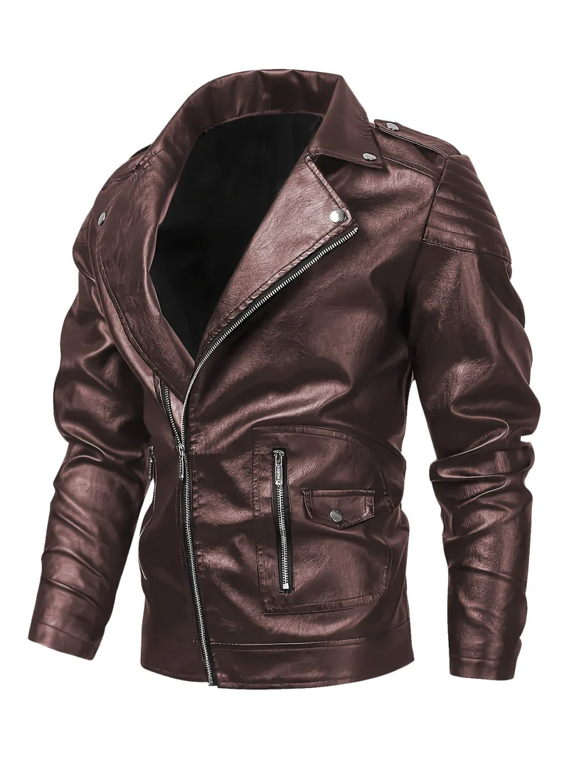 Herren Asymmetrische Bikerjacke aus Kunstleder mit gesteppten Schulterpaddings und Utility‑Taschen Drune