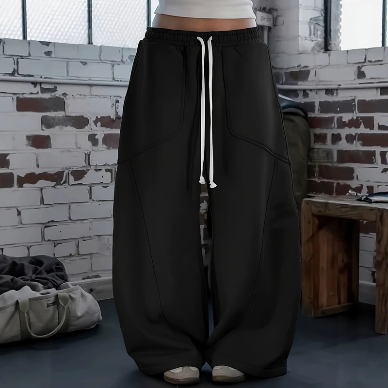 Damen Weite Baggy-Sweatpants mit hohem Elastikbund, Kordelzug und Teilungsnähten Drune
