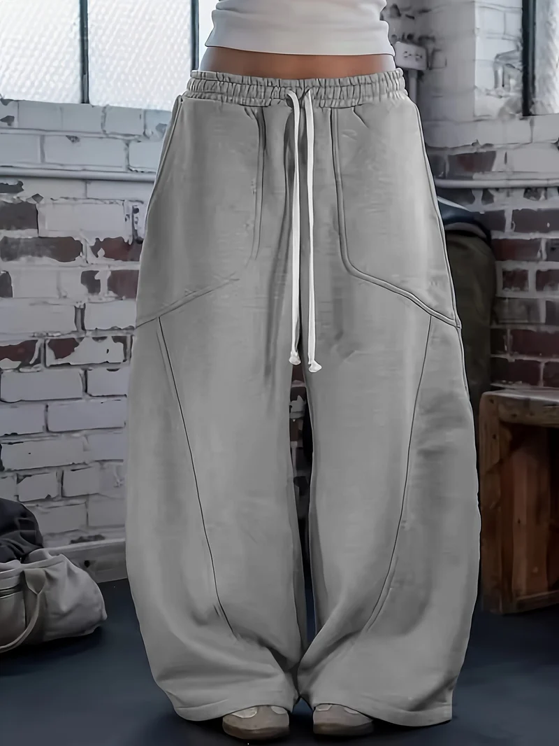 Damen Weite Baggy-Sweatpants mit hohem Elastikbund, Kordelzug und Teilungsnähten Drune