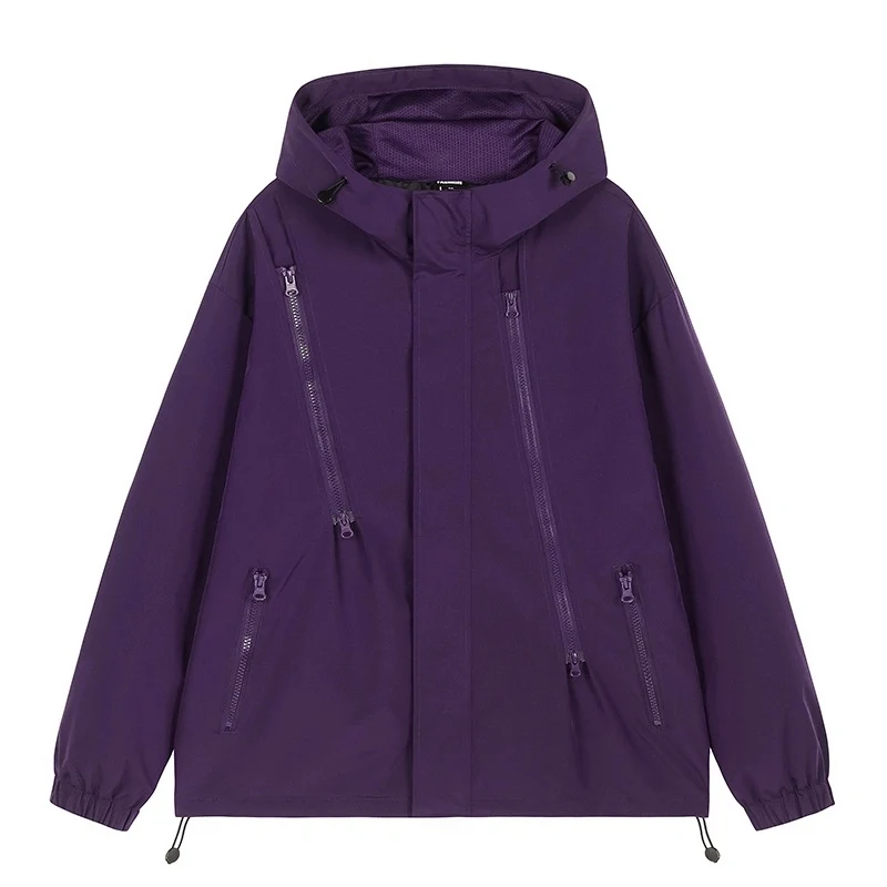 Damen Kurze technische Kapuzenjacke mit asymmetrischen Reißverschlüssen & Kordelzug Drune